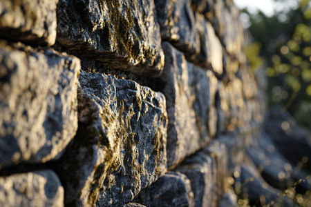 Detail of an old stone wall at sunset. Close-up.の素材