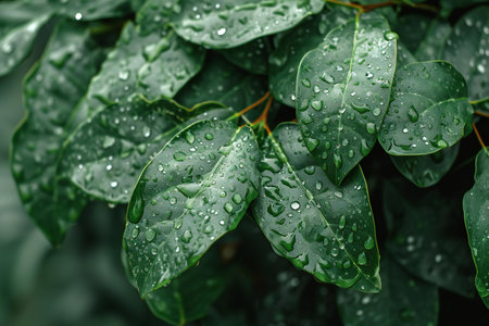 Water drops on green leaves after rain. Natural background with copy space.の素材