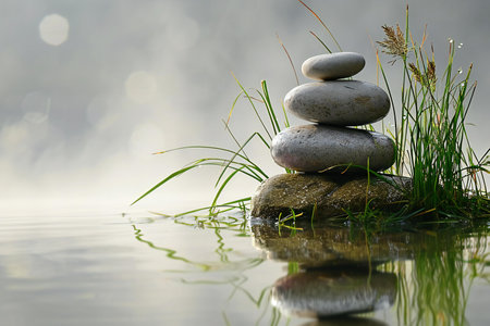 zen stones in water with grass and foggy background with copy spaceの素材
