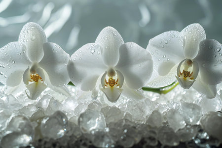 White orchid flowers with water drops on black background, closeupの素材