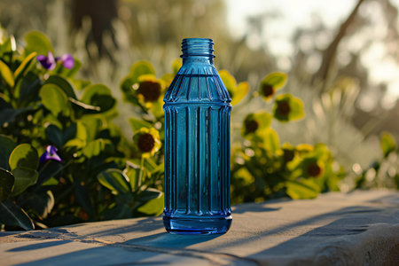 Bottle of water on the table in the garden at sunset.の素材