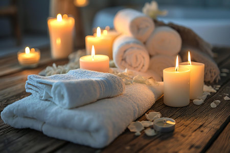 Spa still life with towels, candles and sea salt on wooden backgroundの素材