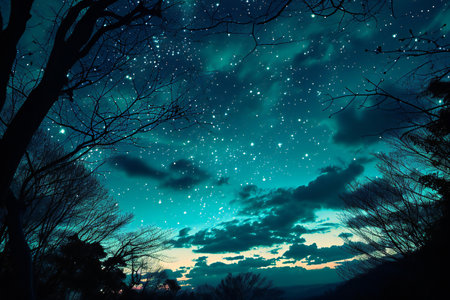 Night sky with stars and silhouettes of trees in the foreground.の素材