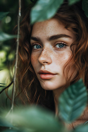 Close-up portrait of a beautiful girl with freckles on her faceの素材