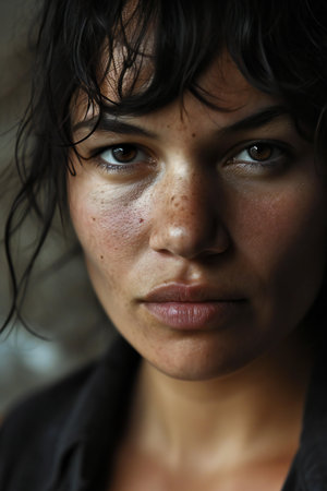 Portrait of a beautiful young woman with freckles on her faceの素材