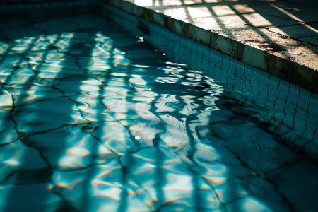 Swimming pool with sun reflection. Selective focus. Toned.の素材