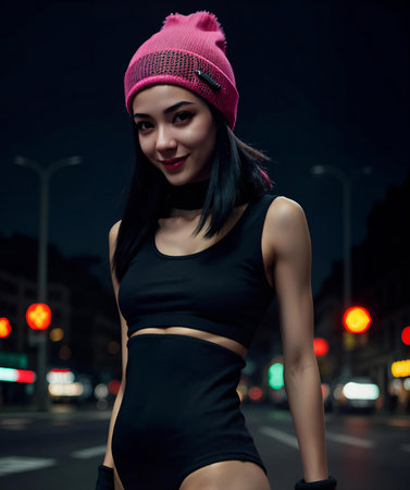 Beautiful young asian woman in sportswear in the city at nightの素材