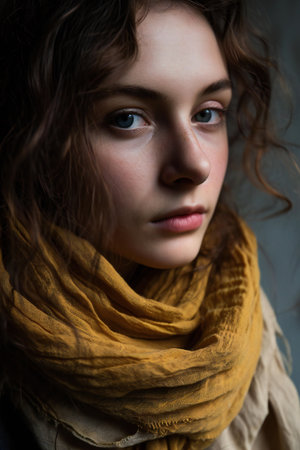 Close-up portrait of a beautiful girl with brown hair and a yellow scarfの素材