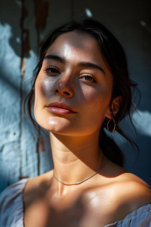 Portrait of a beautiful young woman in front of a wooden wallの素材