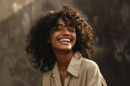 Portrait of a smiling young african american woman with curly hairの素材