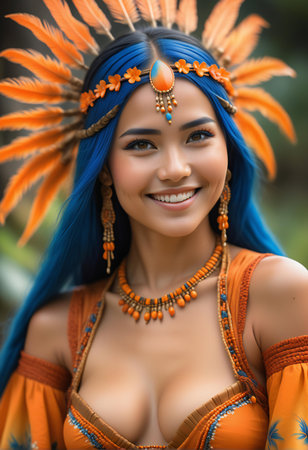 Portrait of a beautiful young indian woman with blue hair and orange headdressの素材
