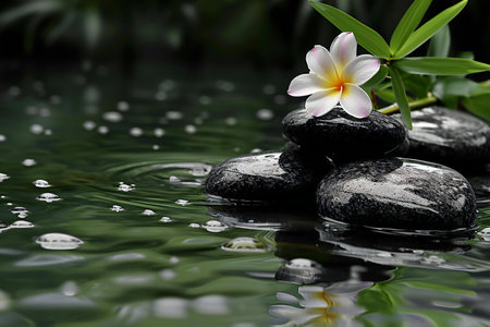 zen basalt stones and frangipani flower on the waterの素材