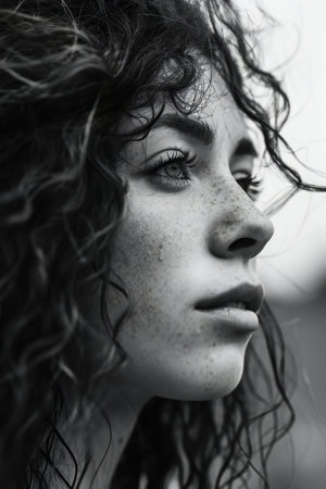 Portrait of a beautiful girl with long curly hair. Black and white.の素材