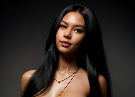 Beautiful young asian woman with long straight black hair posing in studioの素材
