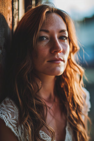 Portrait of a beautiful redhead woman with freckles on her faceの素材