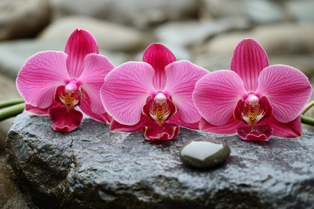 Pink orchids with zen stones on a stone background.の素材