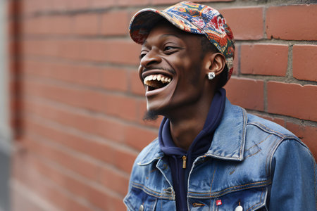Portrait of a young african american man laughing against brick wallの素材