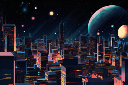 Futuristic city at night with moon and stars.の素材