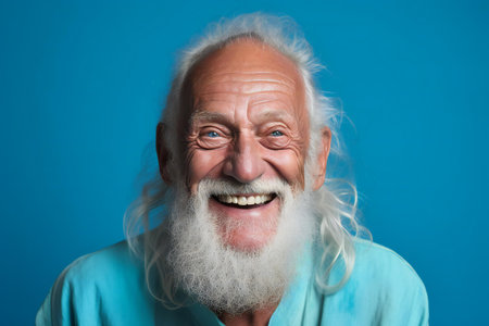 Portrait of a happy senior man with white beard on blue backgroundの素材