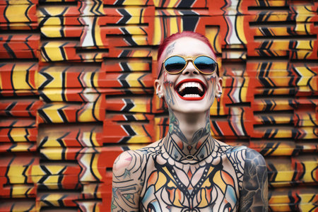 Close-up portrait of a red-haired woman with tattoos on her body and red lips.の素材