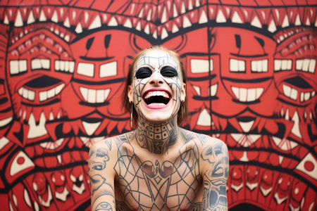 Portrait of a beautiful girl with tattoos on her body and in sunglasses.の素材