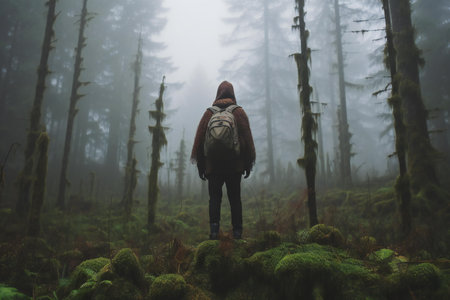 Hiker with backpack hiking in the foggy forest. Adventure and travel conceptの素材