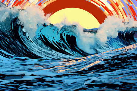 Surfing waves in the ocean at sunset.の素材