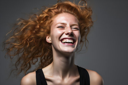 Portrait of a beautiful young woman with flying hair on gray backgroundの素材
