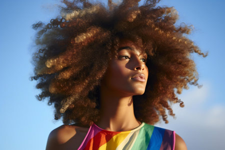 Young african american woman with afro hairstyle and rainbow t-shirtの素材