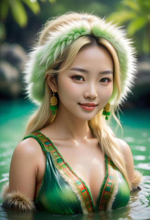 Beautiful asian woman in green dress in the water, Thailand.の素材