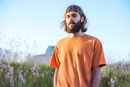 Handsome young man with long beard and moustache in orange t-shirt standing in a lavender field.の素材
