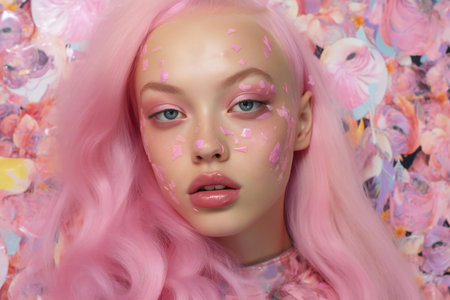 Fashion portrait of a girl with pink hair on a floral backgroundの素材