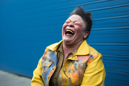 Portrait of a young woman laughing against the background of the blue wallの素材
