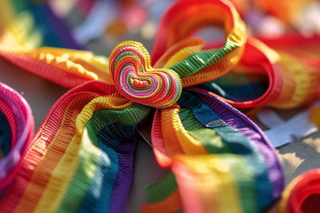 Rainbow ribbons on a background of other ribbons of different colorsの素材