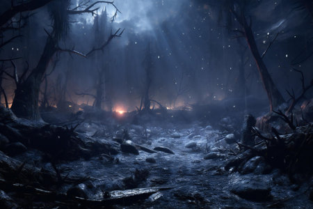 Foggy forest at night. Horror scene. Halloween concept.の素材