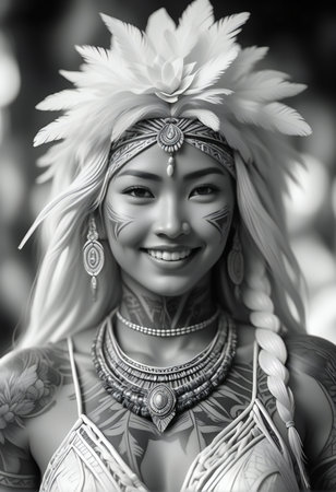 Beautiful asian woman in traditional costume, black and white toneの素材