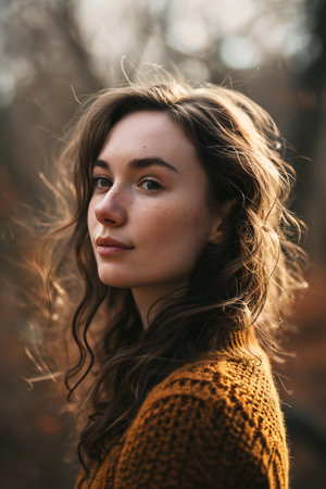 Portrait of a beautiful girl in a knitted sweater in the autumn forestの素材