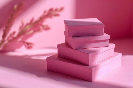 Stack of pink gift boxes on pink background. Minimal concept.の素材