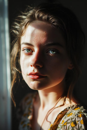 Portrait of a young girl with freckles on her faceの素材
