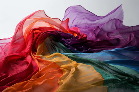 colorful satin fabric on a white background. studio shot.の素材