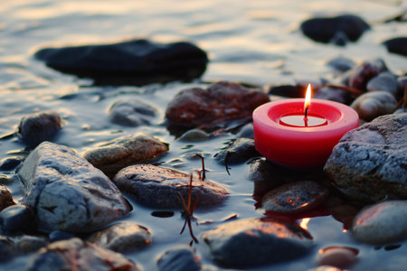 Candle in the water on the shore of the lake. The concept of meditation and relaxation.の素材