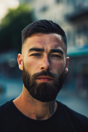 young handsome bearded hipster man outdoor in the city, lifestyle people conceptの素材