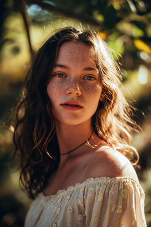 Beautiful young girl with freckles on her face in a white dress in the forestの素材