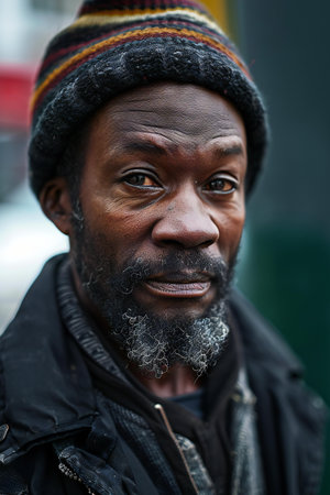 Portrait of a homeless African man on the street.の素材