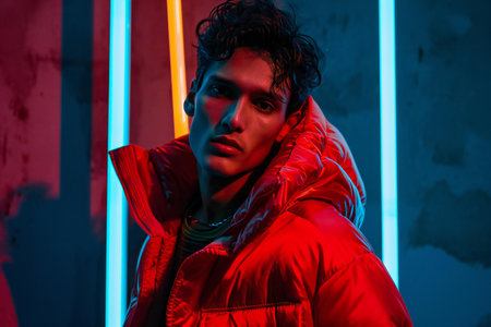 Portrait of a young man in a red jacket in neon lightの素材