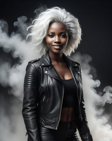 Beautiful african american woman in leather jacket and white wigの素材