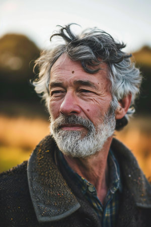 Portrait of an old man with grey beard and mustache in natureの素材
