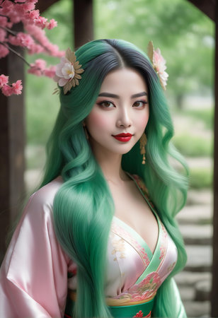 Beautiful asian woman with green hair in traditional kimonoの素材