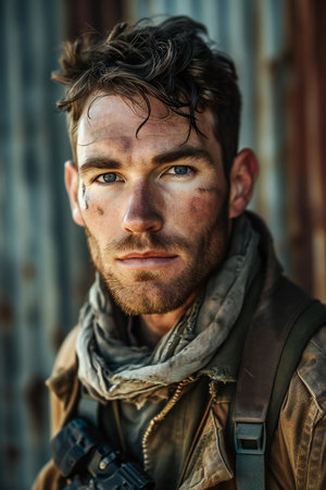 Portrait of a handsome young man in a military uniform standing outdoorsの素材