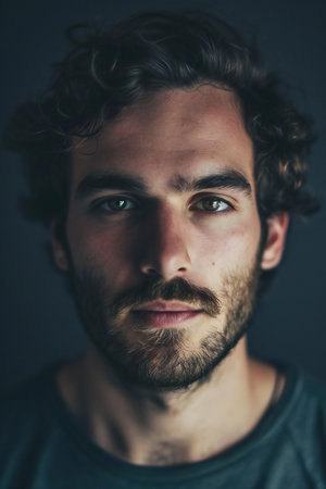 Portrait of a young man with a beard on a dark backgroundの素材
